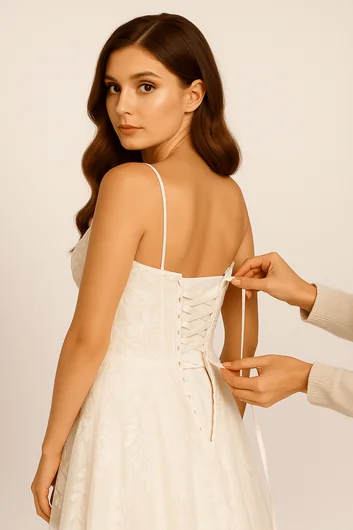 Modesty panel addition showing coverage added beneath corset lacing for elegance